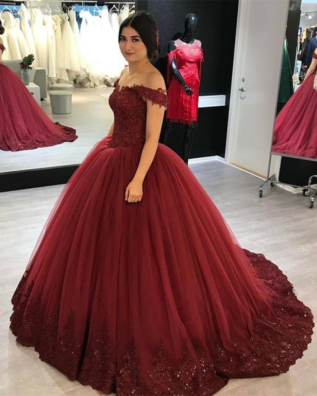 knee length dresses for ladies Lovely Lace Appliques V-Neck Off Shoulder Tulle Wedding Dress Ball Gowns