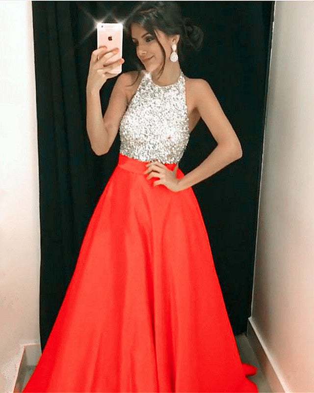 Luxurious Beaded Halter Long Satin Prom Dresses Ball Gowns alinanova Luxurious Beaded Halter Long Satin Prom Dresses Ball Gowns alinanova
