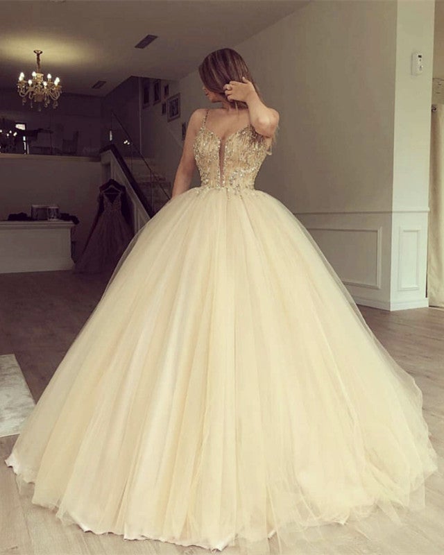Luxurious Beaded Sweetheart Tulle Ball Gowns Prom Dresses-alinanova