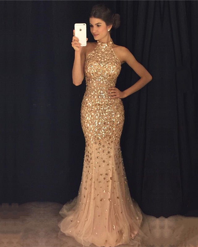 Luxurious Crystal Beaded Halter Floor Length Evening Dresses Mermaid