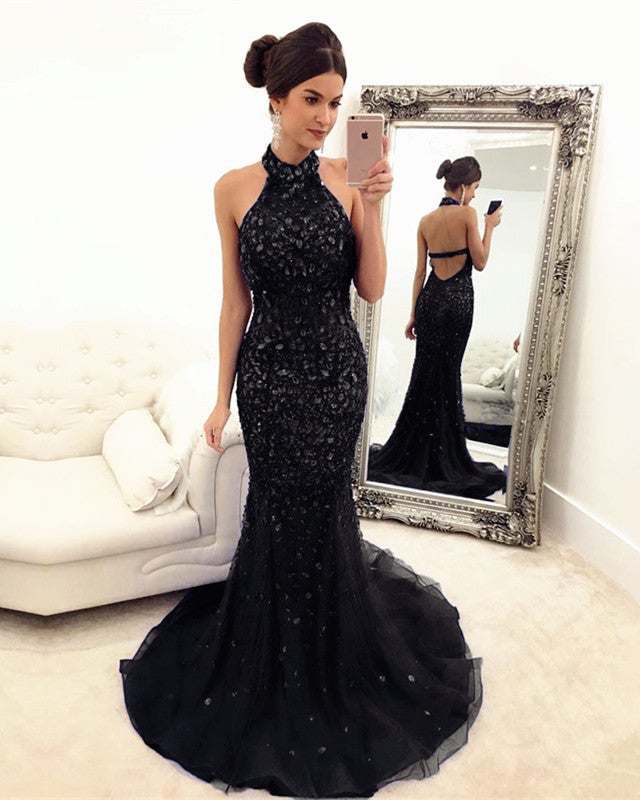 Black Mermaid Crystal Beaded Prom Dresses Halter Open Back alinanova Black Mermaid Crystal Beaded Prom Dresses Halter Open Back alinanova
