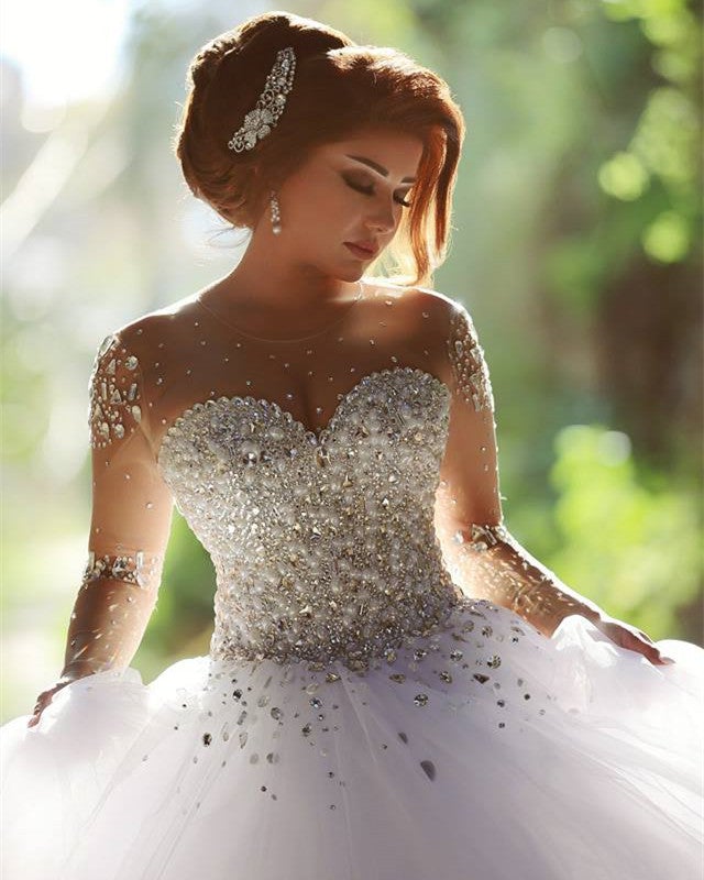 Ball Gown Wedding Dresses Pearl Beaded Long Sleeves – alinanova