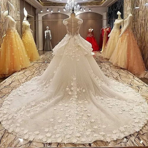 Luxurious Royal Train Lace Wedding Dresses Ball Gowns With Floral Flowers-alinanova