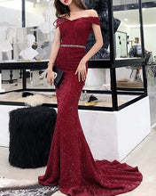 Load image into Gallery viewer, Burgundy Off Shoulder Sequin Gowns
