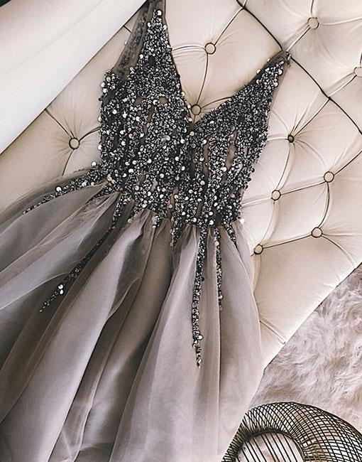 Short Tulle Homecoming Dresses V Neck Sequins Beaded – alinanova