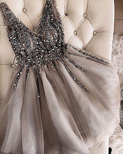 Luxurious Sequins Beaded V-neck Tulle Homecoming Dresses Short Party Dress-alinanova