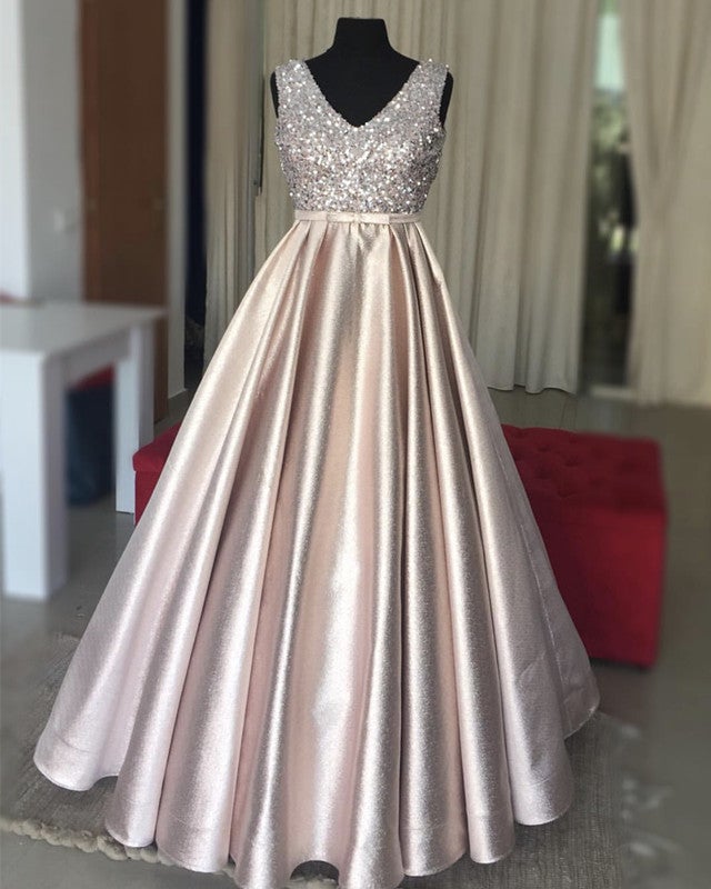 Luxurious Sequins V-neck Bow Sashes Prom Dresses Ball Gowns-alinanova