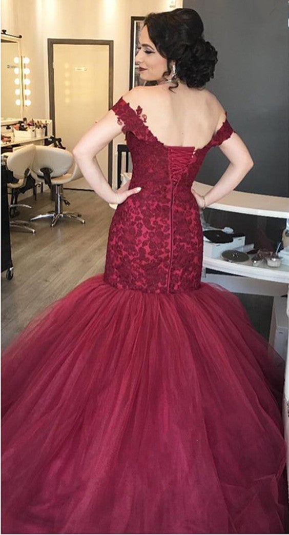 Maroon Lace V-neck Off The Shoulder Mermaid Evening Dresses alinanova Maroon Lace V-neck Off The Shoulder Mermaid Evening Dresses alinanova