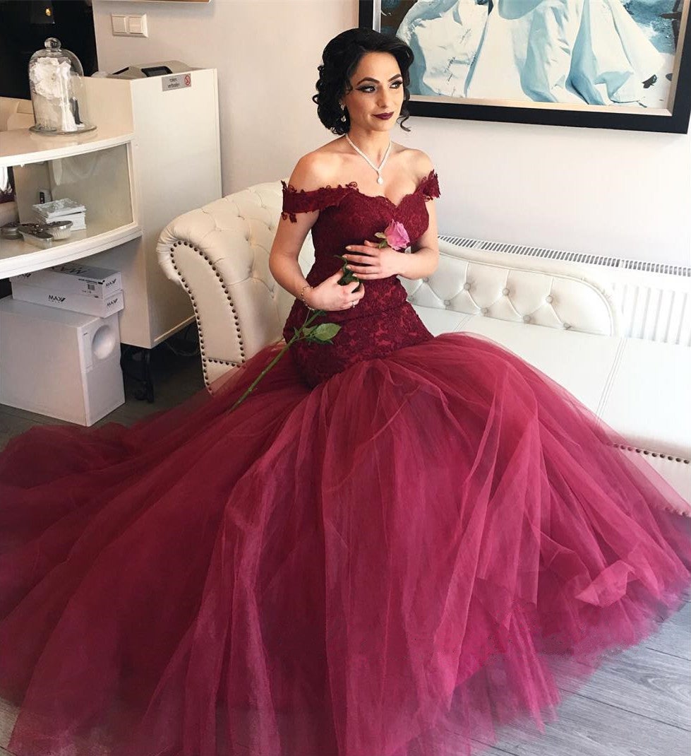 Maroon Lace V-neck Off The Shoulder Mermaid Evening Dresses – alinanova