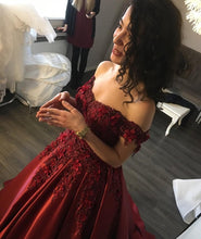 Load image into Gallery viewer, Maroon Satin Ball Gown Lace Off Shoulder-alinanova

