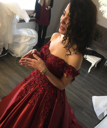 Maroon Satin Ball Gown Lace Off Shoulder-alinanova
