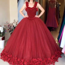 Load image into Gallery viewer, Maroon Tulle Ball Gown Flower Wedding Dresses With Crystal Beaded Bodice
