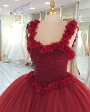 Load image into Gallery viewer, Maroon Tulle Ball Gown Flower Wedding Dresses With Crystal Beaded Bodice
