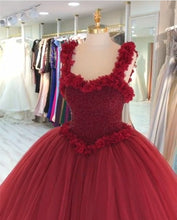 Load image into Gallery viewer, Maroon Tulle Ball Gown Flower Wedding Dresses With Crystal Beaded Bodice
