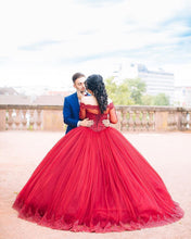 Load image into Gallery viewer, Maroon Tulle Long Sleeves Lace Wedding Dresses Ball Gowns
