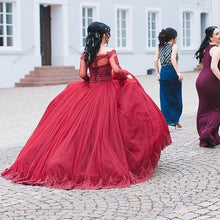 Load image into Gallery viewer, Maroon Tulle Long Sleeves Lace Wedding Dresses Ball Gowns
