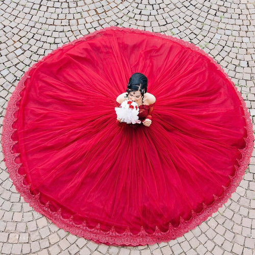 Maroon Tulle Long Sleeves Lace Wedding Dresses Ball Gowns-alinanova