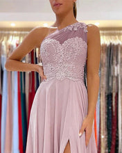 Load image into Gallery viewer, Mauve Chiffon One Shoulder Appliques Dress
