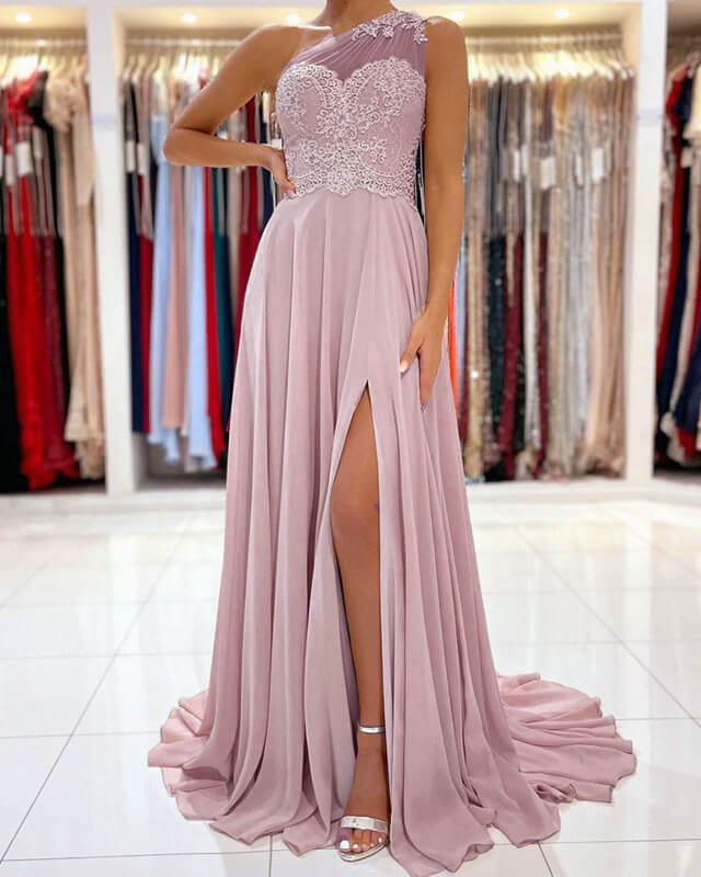 Mauve Chiffon One Shoulder Appliques Dress Mauve Chiffon One Shoulder Appliques Dress