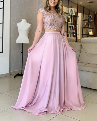 Two Piece Prom Dresses Lace Cap Sleeves Open Back-alinanova