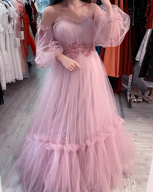 Puffy Sleeves Prom Dresses Tulle Ruffles