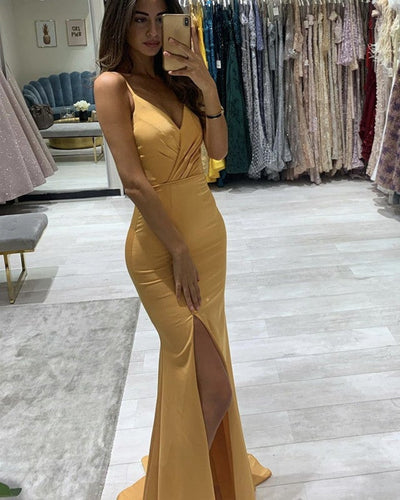 Mermaid Bridesmaid Dresses V Neck Spaghetti Straps With Slit-alinanova