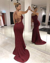 Load image into Gallery viewer, Burgundy Sequin Mermaid Evening Dresses Open Back
