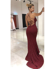 Load image into Gallery viewer, Burgundy Sequin Backless Mermaid Evening Gown
