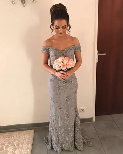 Gray Mermaid Lace Prom Dress