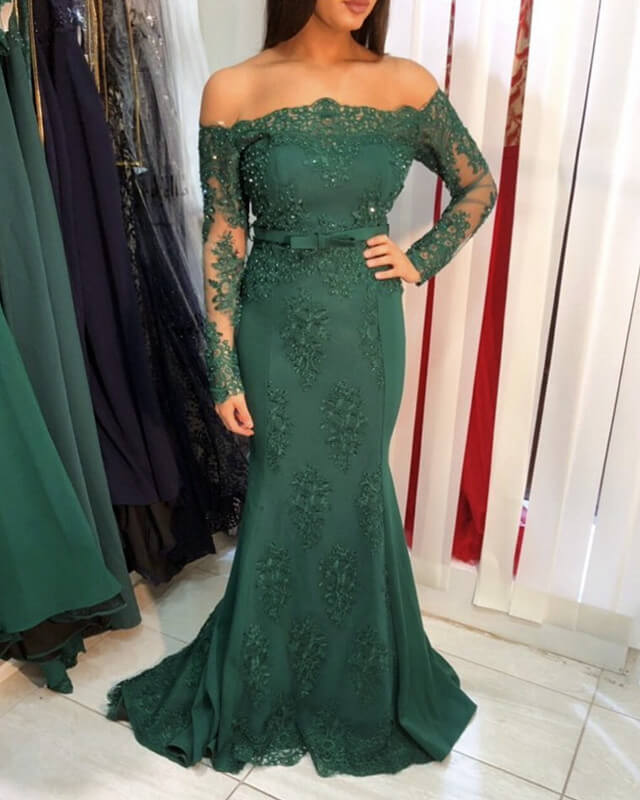 Long Sleeve Mermaid Emerald Green Prom Dresses