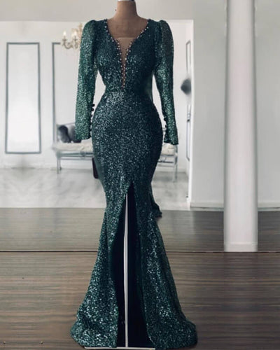 Mermaid Green Long Sleeve Sequin Prom Dress-alinanova