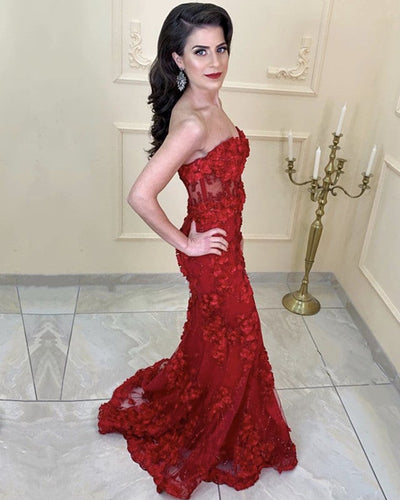 Burgundy Lace Mermaid Prom Dresses