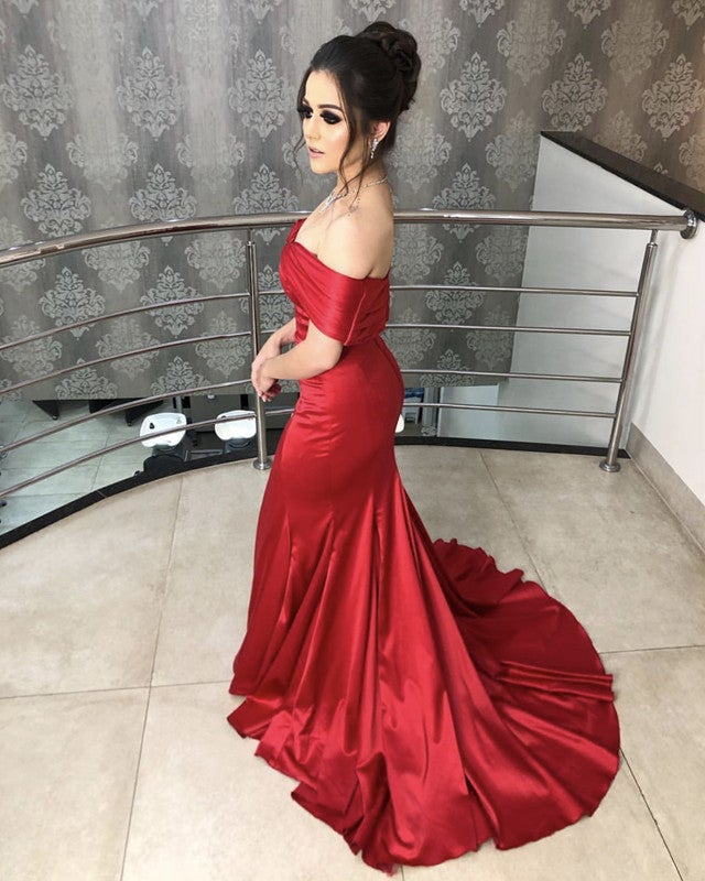 red off the shoulder mermaid dress Bright red off the shoulder sleeveless satin mermaid wedding dress with chiffon bow back