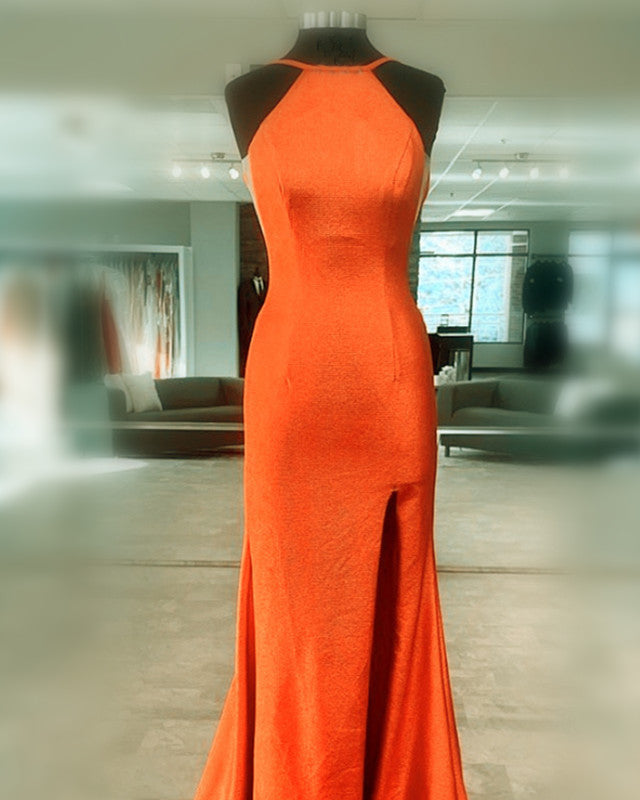 Mermaid Orange Prom Dresses Halter Neck Split Mermaid Orange Prom Dresses Halter Neck Split