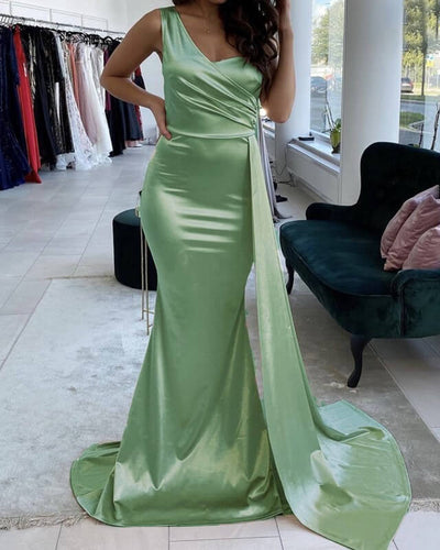 Mermaid Sage Green Prom Dresses One Shoulder