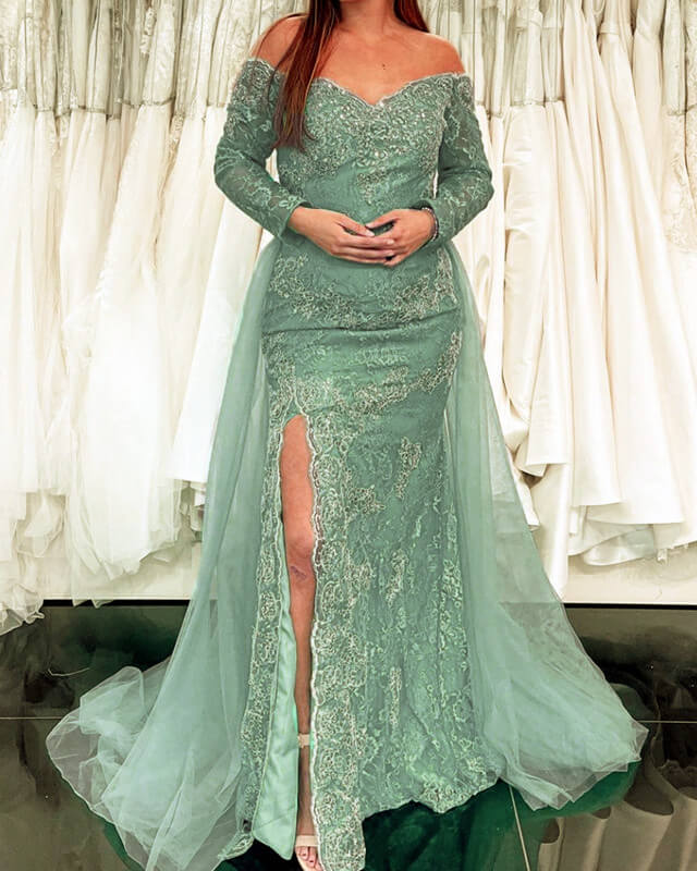 Sage Green Lace Prom Dress
