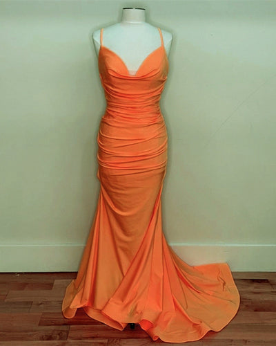 Sexy Mermaid Orange Satin Prom Dresses-alinanova