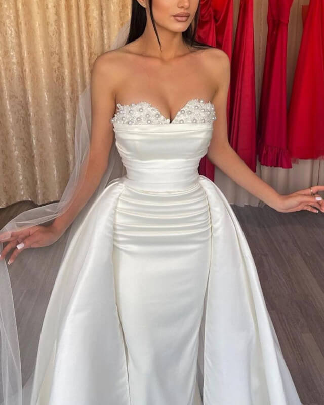 chinese dress ladies Vintage White V-Neck Strapless Mermaid Satin Long Prom Dress Wedding D –  DSProm