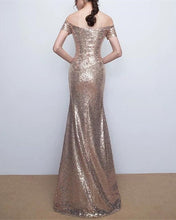 Load image into Gallery viewer, Gold Mermaid Sequin Off Shoulder Bridesmaid Gowns 
