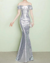 Load image into Gallery viewer, Silver Sequin Bridesmaid Dresses Mermaid Off Shoulder

