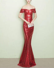 Load image into Gallery viewer, Red Sequin Bridesmaid Dresses Mermaid Off Shoulder
