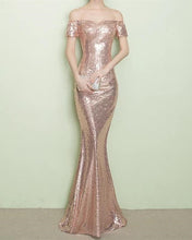 Load image into Gallery viewer, Rose Gold Sequin Bridesmaid Dresses Mermaid Off Shoulder
