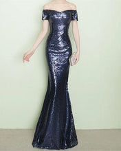 Load image into Gallery viewer, Navy Blue Sequin Bridesmaid Dresses Mermaid Off Shoulder
