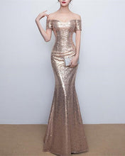 Load image into Gallery viewer, Gold Sequin Bridesmaid Dresses Mermaid Off Shoulder

