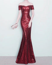 Load image into Gallery viewer, Burgundy Sequin Bridesmaid Dresses Mermaid Off Shoulder
