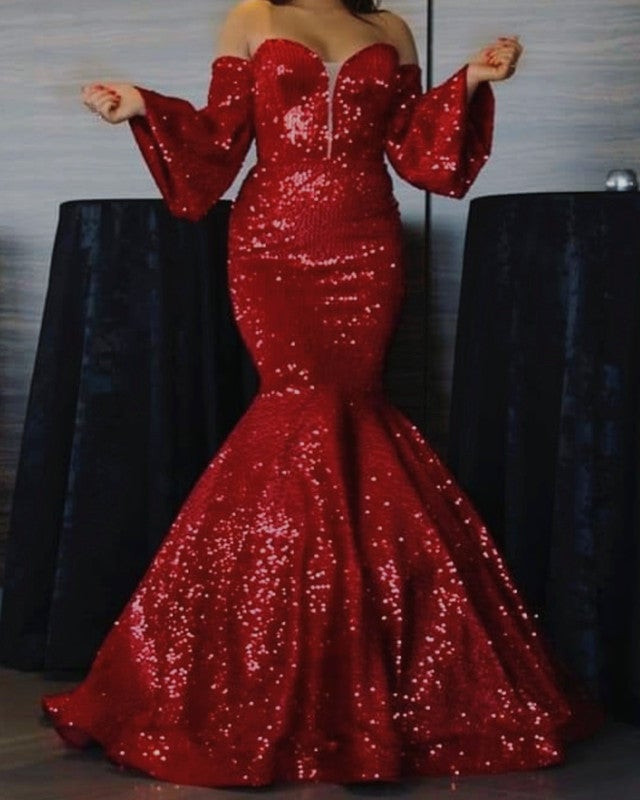 Mermaid Sequin Puffy Sleeves Prom Dresses
