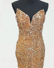 Load image into Gallery viewer, Mermaid Strapless Gold Sequin Prom Dresses
