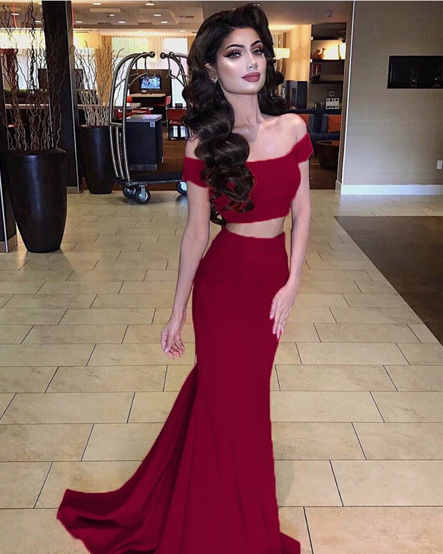 red off the shoulder two piece prom dress Off Shoulder Two Pieces Red Lace Long Prom Dresses, 2 Pieces Red Forma Eip Collection