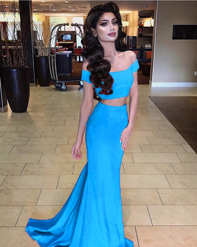 blue two piece mermaid prom dress Mermaid Style Two Piece Prom Dresses Off The Shoulder – alinanova