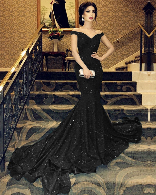 Mermaid V-neck Off Shoulder Ruffles Sequin Prom Dresses Mermaid V-neck Off Shoulder Ruffles Sequin Prom Dresses